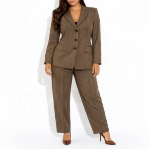 Kasper Pinstripe Pant Suit Set Womens 10 Brown Blazer High Waist Straight Leg